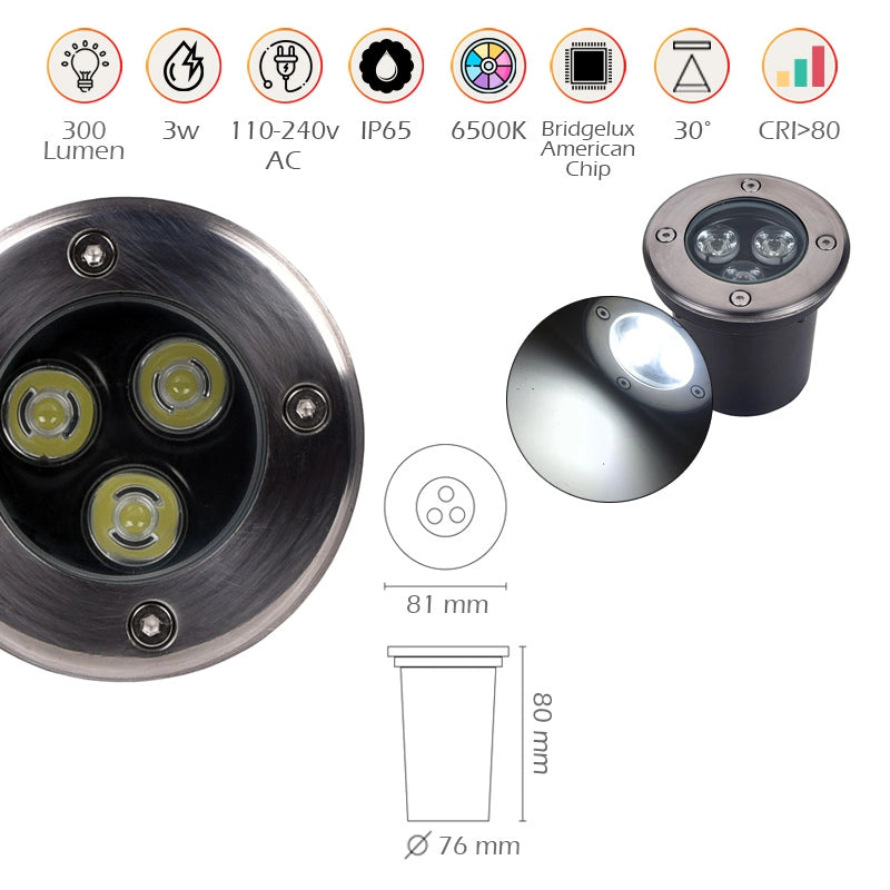 FARETTO INCASSO SEGNAPASSO LED CALPESTABILE 3W LUCE FREDDA 6500K° - ALTA RESISTENZA IP65 DESIGN MODERNO IN ACCIAIO E VETRO TEMPERATO