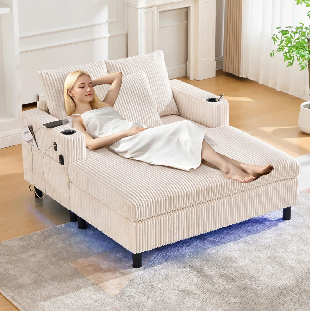 Poltrona relax beige con luci LED, porte USB e portabicchieri