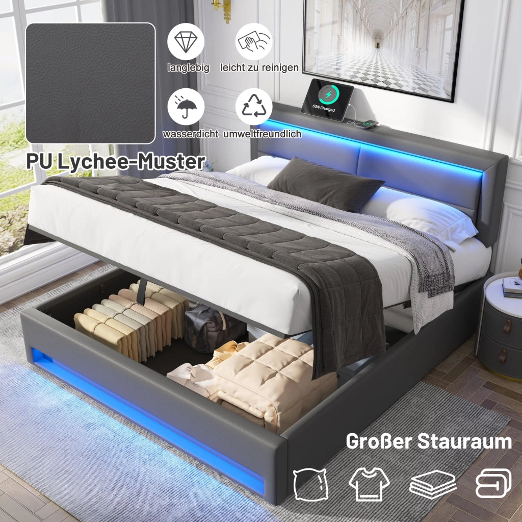 Letto imbottito 140x200 cm in PU grigio con LED e USB