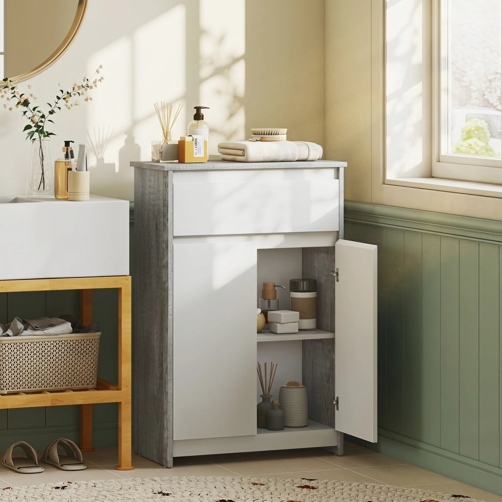 Mobile Bagno Autoportante 60x30x90 cm con Cassetto e Ante Doppie in Legno Grigio e Bianco