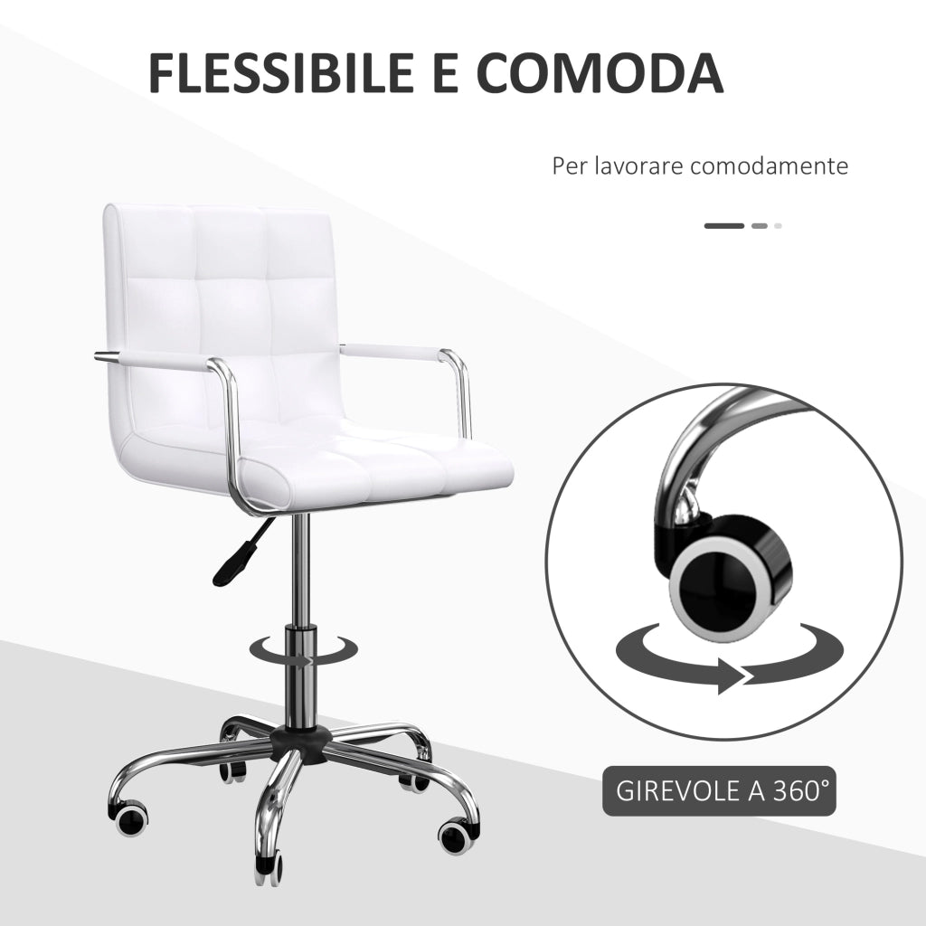 EasyComfort Sedia da Ufficio in pelle PU Bianca con 5 Ruote Girevoli, Imbottitura e Altezza Regolabile, 52.5x54x84-99cm