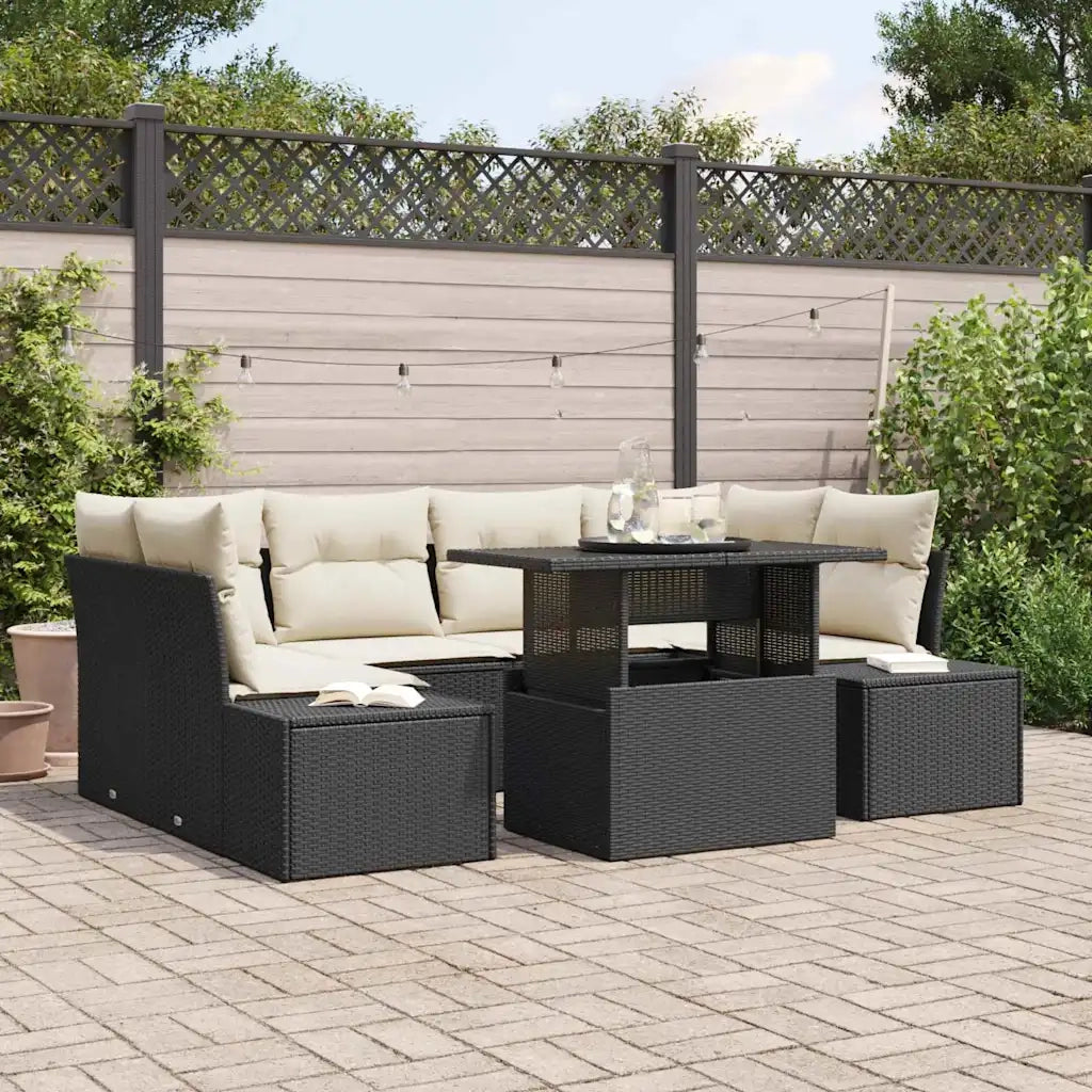 Set Divano da Giardino con cuscino 7 pcs Nero e Crema