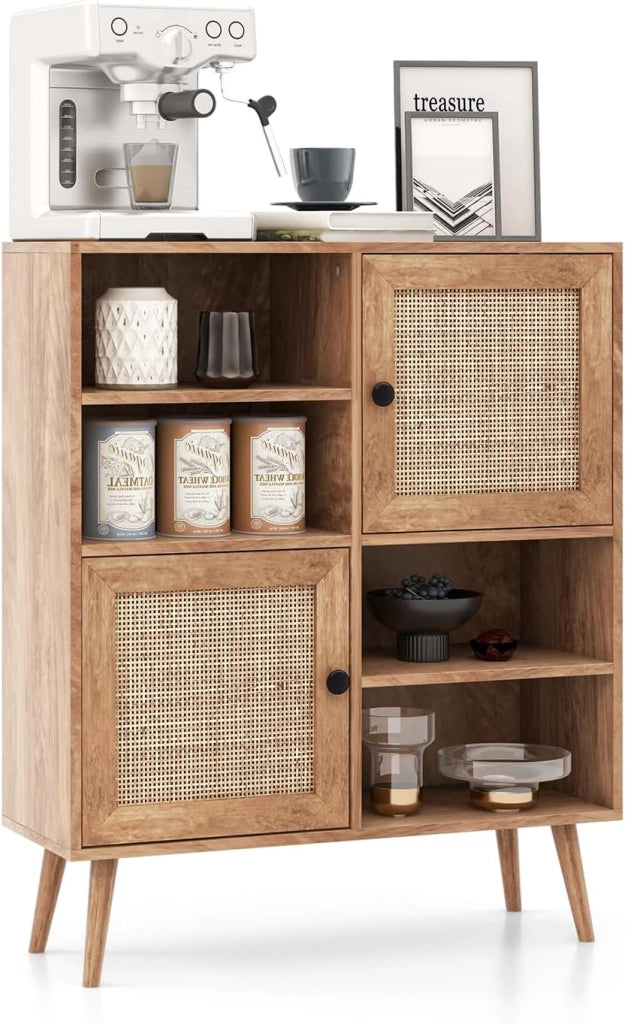 Credenza da cucina con 2 ante in rattan, armadio con 4 ripiani aperti e 2 armadi, 80 x 29,5 x 97 cm, mobile ausiliario per cucina, sala da pranzo, soggiorno