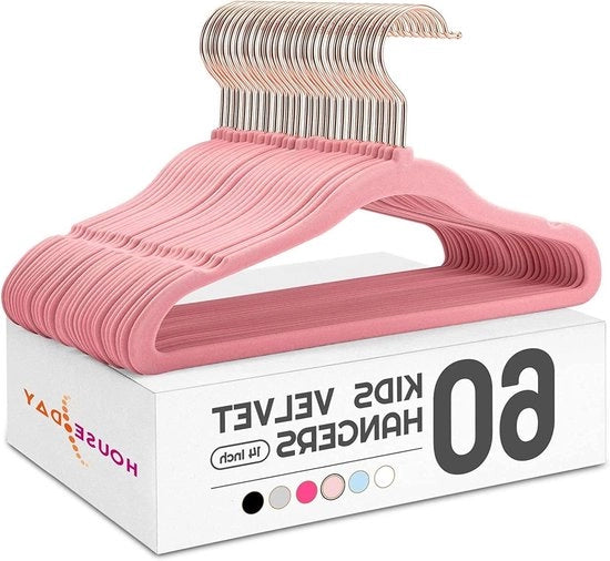 60 pezzi di appesi per abiti per bambini in velluto (35,5 cm di larghezza) - rosa, antiscivolo e spazievitore con gancio rotativo per bambini dai 3 ai 15 anni