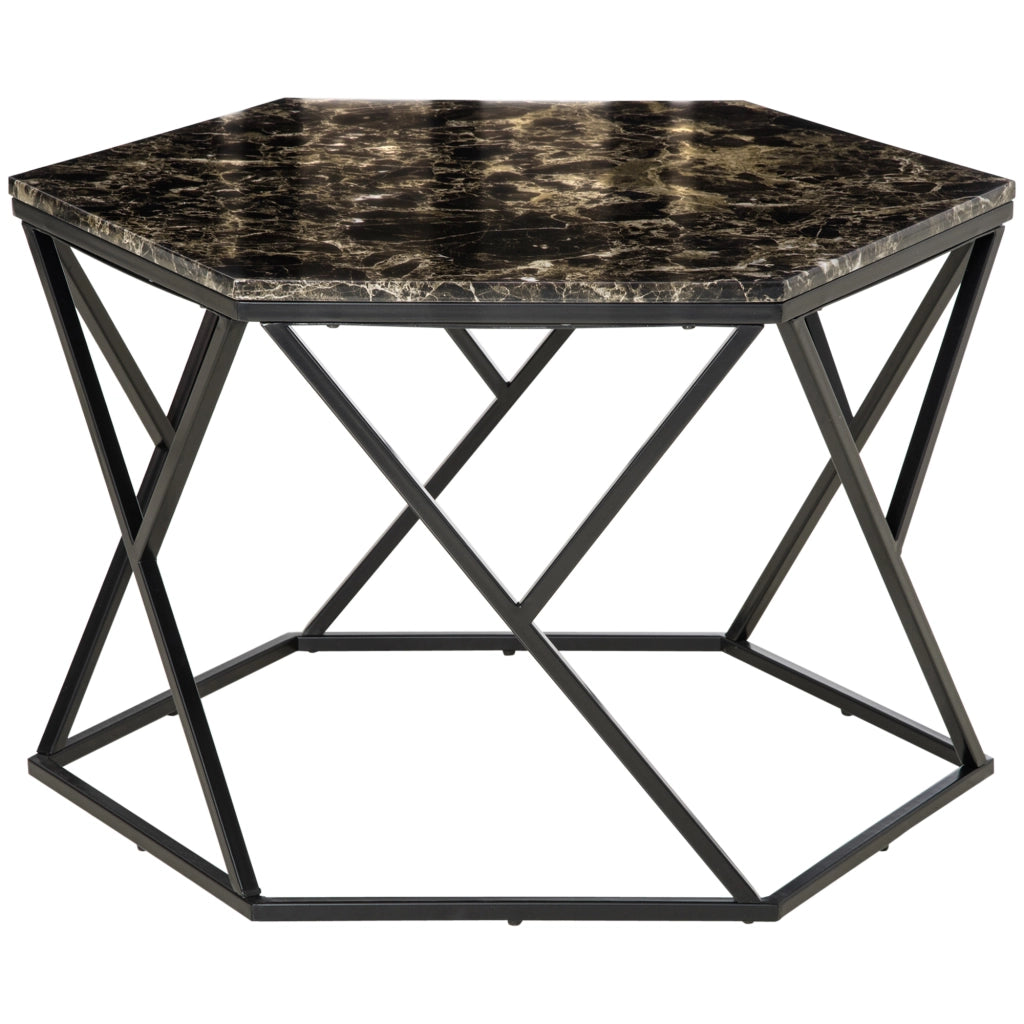 EasyComfort Tavolino da Salotto Moderno con Piano Effetto Marmo e Struttura in MDF e Acciaio, 81x70x51.2 cm, Nero