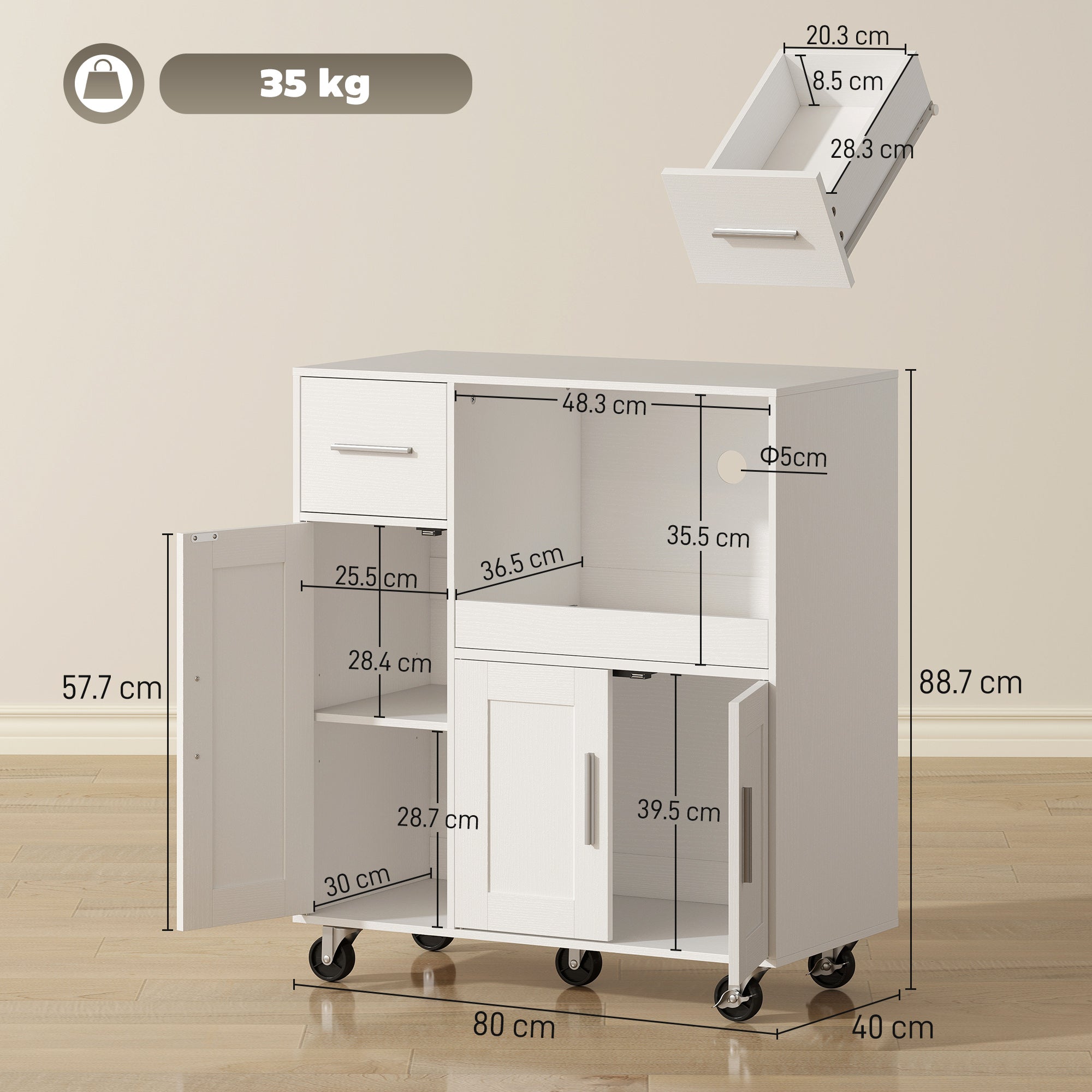 Mobile per Microonde 80x40x88,7 cm con Cassetto 2 Armadietti Ripiano Aperto e Piano Regolabile in Legno Bianco