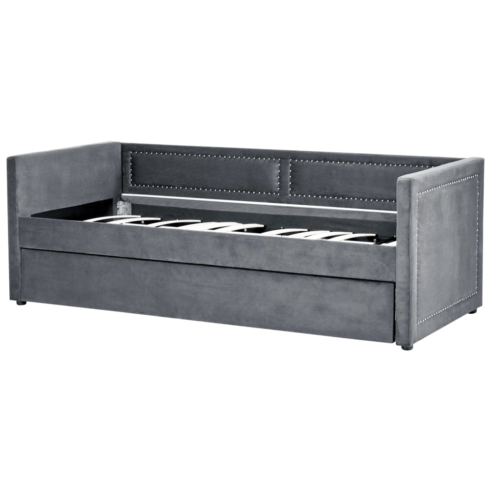 Letto da giorno estraibile velluto a coste grigio scuro 90 x 200 con rete a doghe e testiera con chiodini