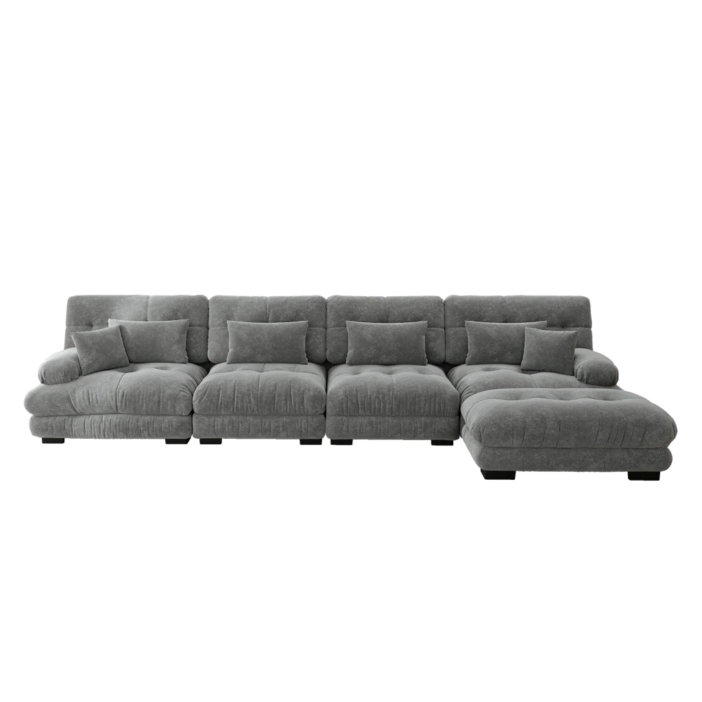 Divano Angolare Modulare 4 Posti ¨C MINIMAL ¨C Chenille, Grigio, con Poggiapiedi