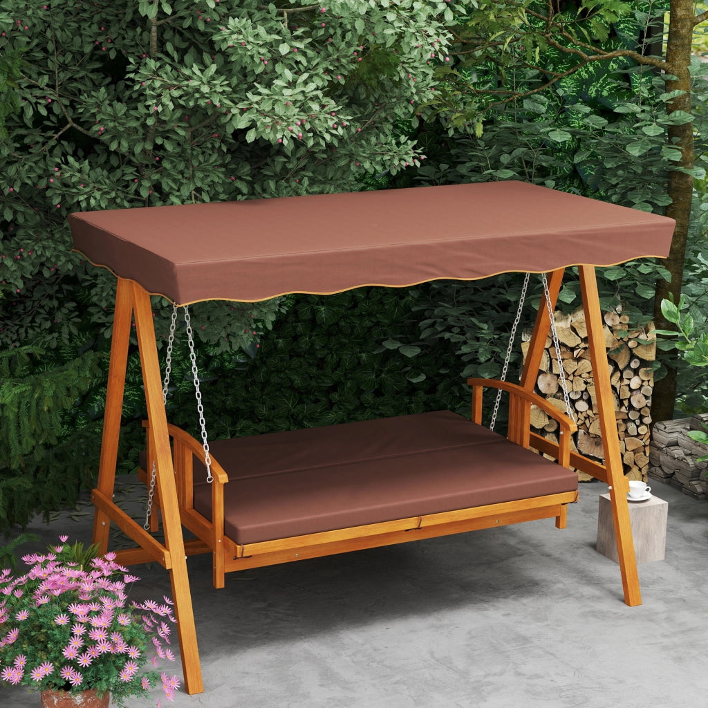 Altalena da giardino a 3 posti in legno massiccio confortevole velo solare color marrone