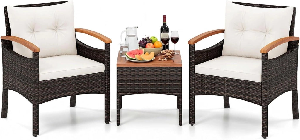Set Salotto da Giardino per 2 Persone, Poltrone da Giardino in Rattan e Legno con Tavolino Laterale, Salottino da 3 Pezzi con Cuscini per Cortile, Veranda e Balcone (Grigio)