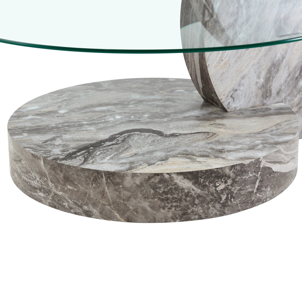 Tavolino da caffè rotondo a 2 livelli in vetro e MDF effetto marmo grigio; 78;5 cm