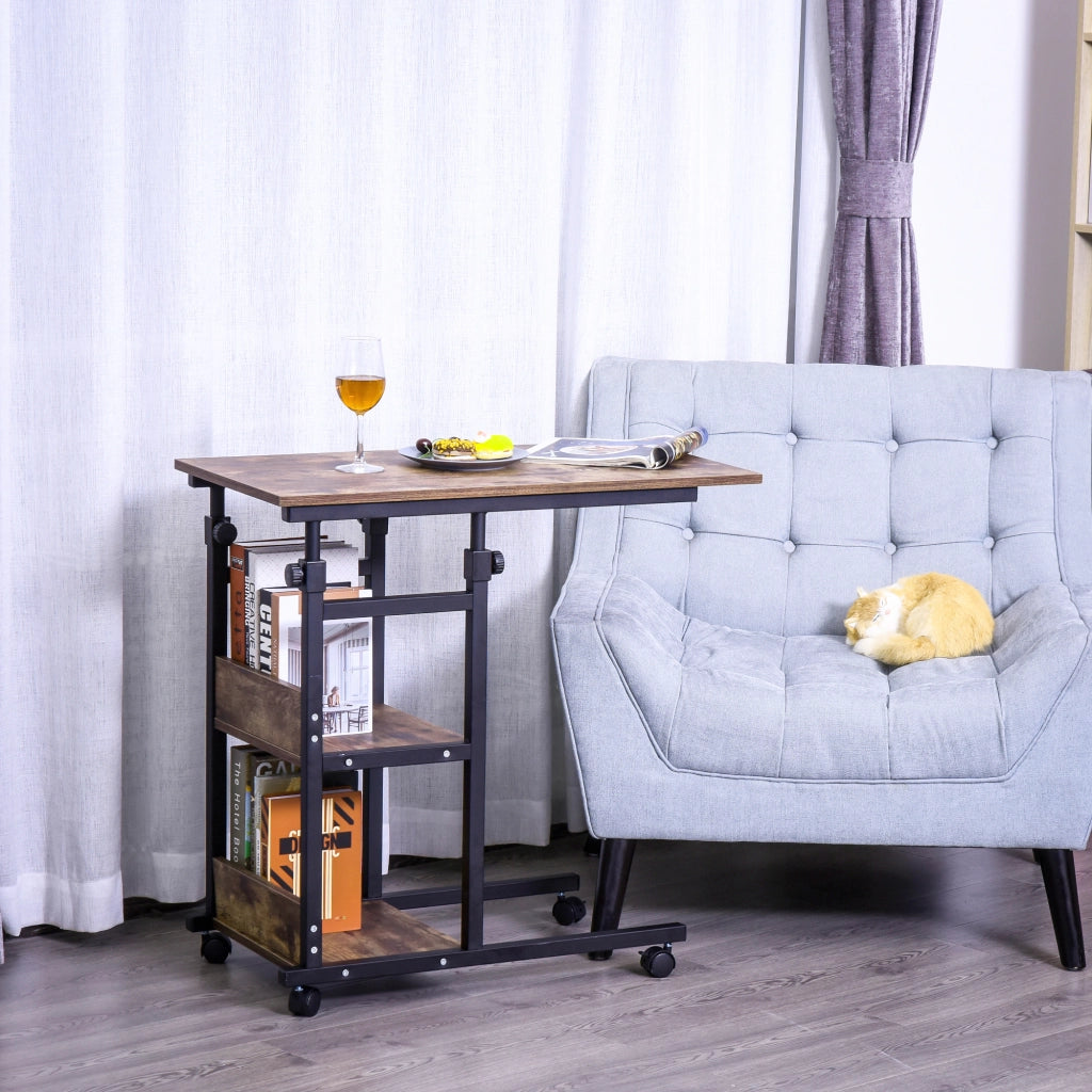 Tavolino con rotelle, regolabile in altezza, compatto, 2 ripiani, telaio in metallo ¨C zephmum ¨C Marrone/Nero, 80x40x72-82 cm