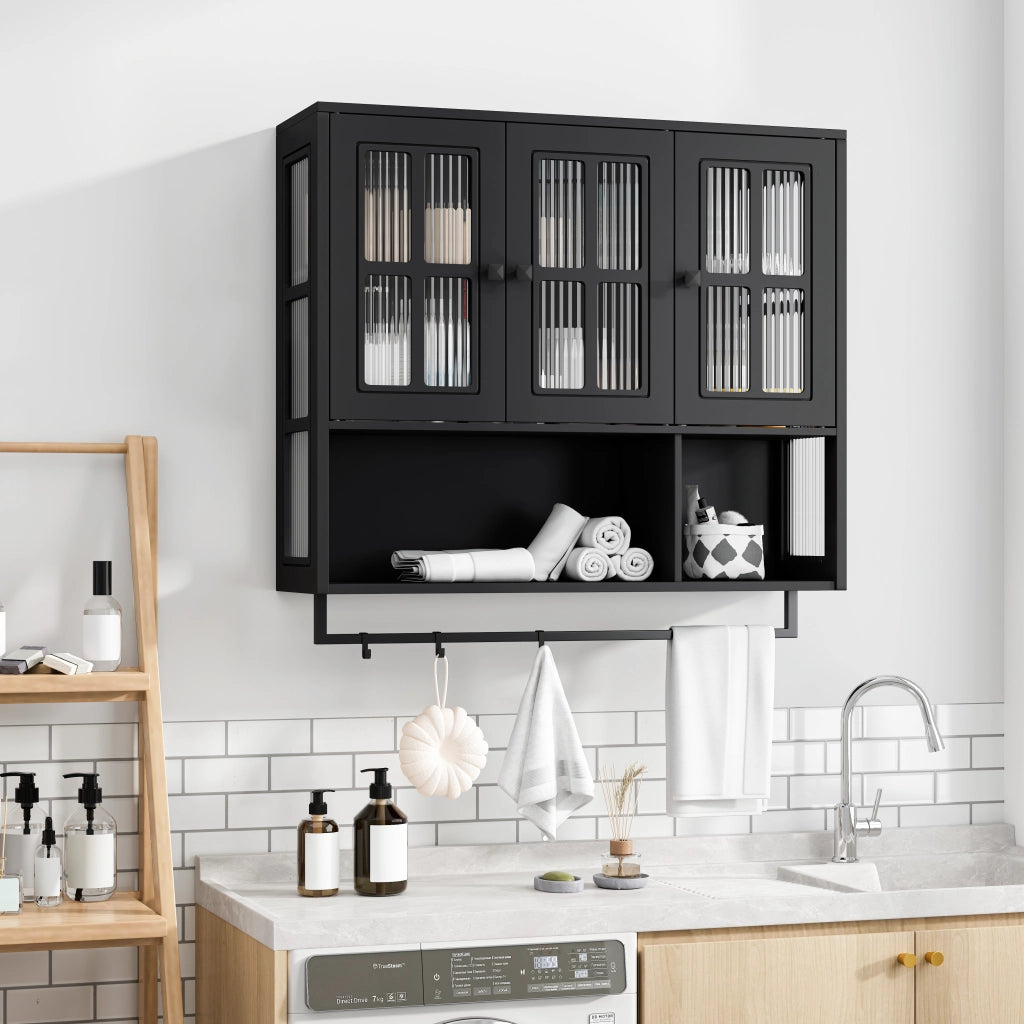 OKWISH Armadietto bagno pensile con 3 ante, ripiani rimovibili e portasciugamani, 88×26×82.5 cm, nero