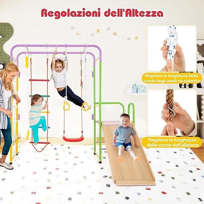 8 in 1 Set da Arrampicata per Bambini, Set Giocattoli Scivolo con Barre Scala Corda Anelli Ginnici e Altalena, Parco Giochi per Bambini 3 Anni +, Carico 100 kg