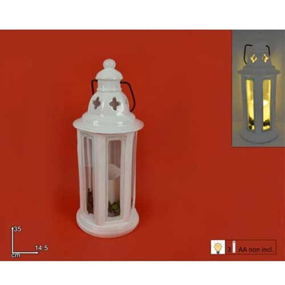 Trade Shop - Lanterna Tonda Metallo Bianco Con Candela A Batterie 35 Cm Decorazioni Natalizie -