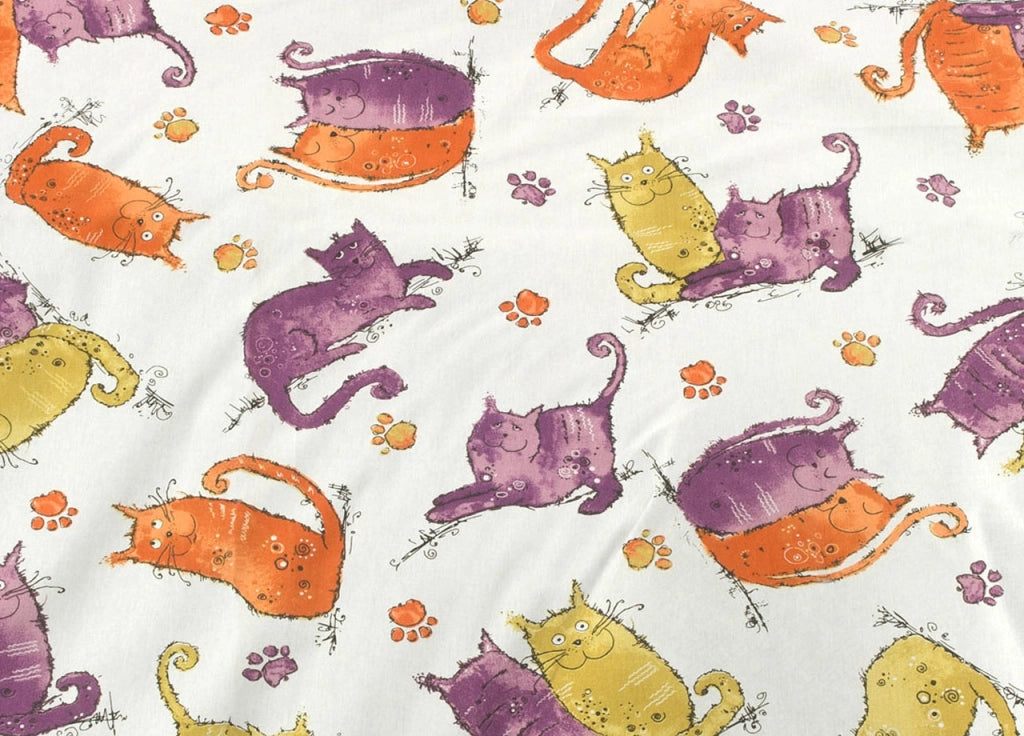 Completo Lenzuola Letto 100% Cotone Disegno Gatti Animali Micio Colorato Mod RP Made In Italy - 2 Piazze - Arancio
