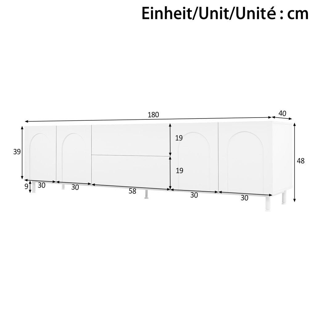 Mobile porta TV con 4 ante e 2 cassetti, passacavi laterali, per soggiorno, in MDF e truciolare, bianco, 180 × 40 × 48 cm