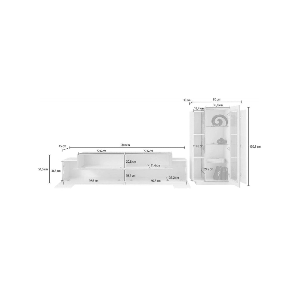 Parete attrezzata da soggiorno Anisia, Made in Italy, Porta TV a luce LED bianca, Set salotto moderno, cm 290x45h121, Bianco lucido e Grigio Cenere