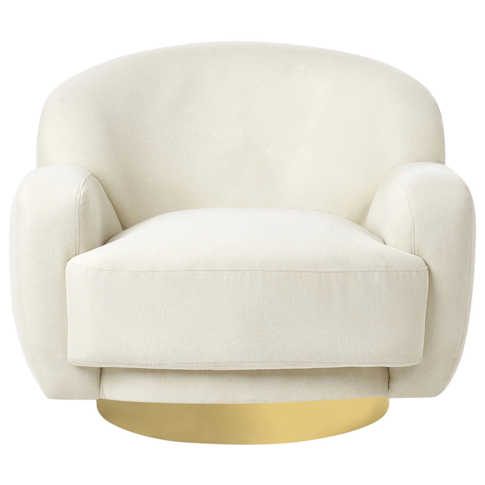 Poltrona in tessuto beige chiaro con base dorata stile retro glam art decor