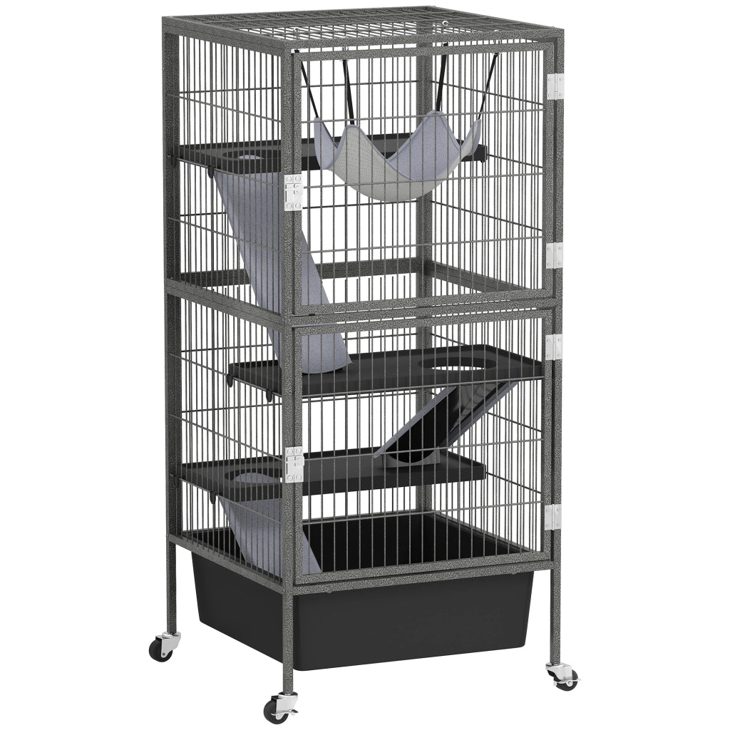 Gabbia per Piccoli Animali a 4 Livelli 52x52x115 cm con Rampe Amaca e Ruote Grigio