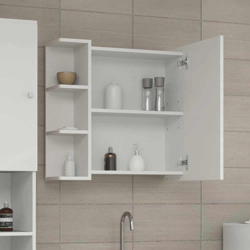 Specchio contenitore bagno Fynn, Bianco, 62 x 64 cm, per montaggio a parete con ripiani aperti