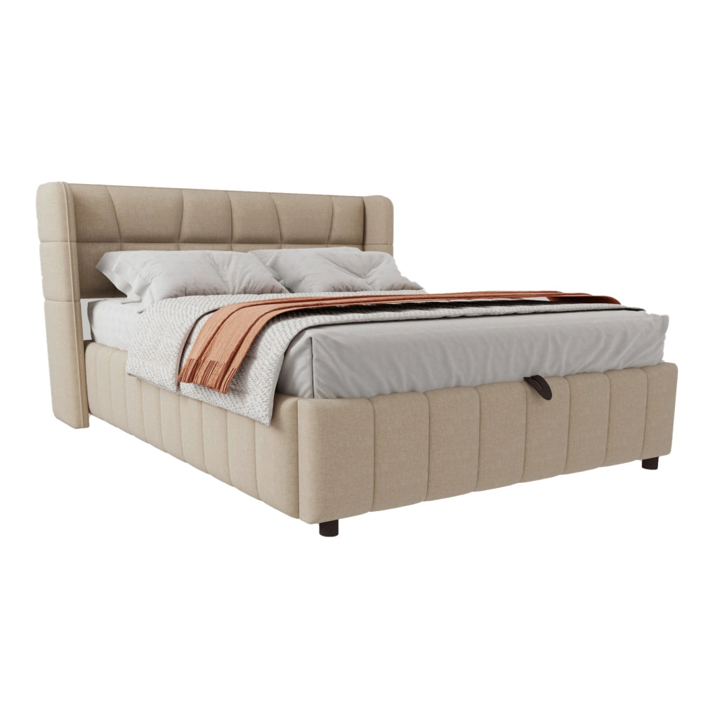 Letto imbottito 140x200 cm con vano contenitore e testiera rivestita beige