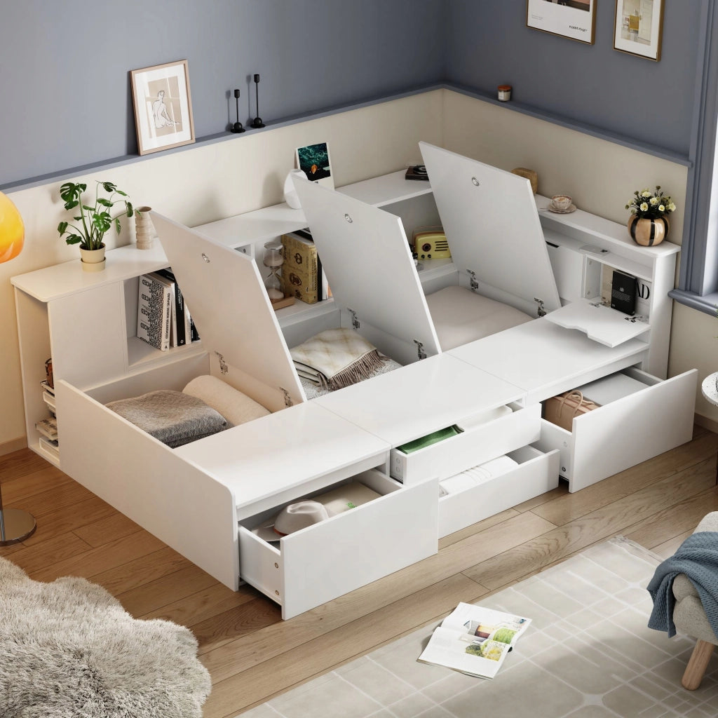 Letto a castello per bambini 90x200cm - Xylo - Bianco, con cassetti e scaffale