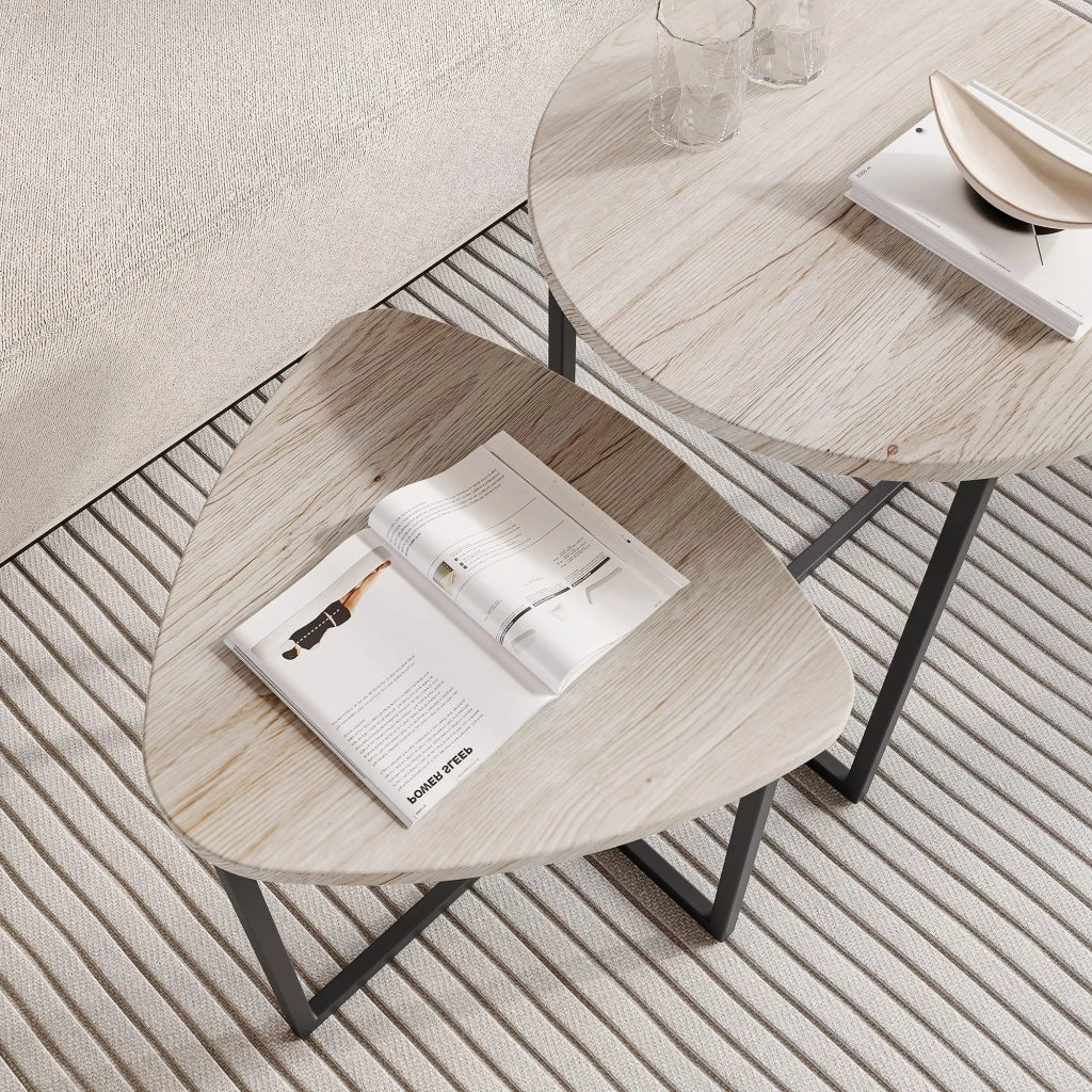Tavolini bassi set 2 pezzi con piano a forma di cuore, per soggiorno, in truciolare e metallo, rovere americano