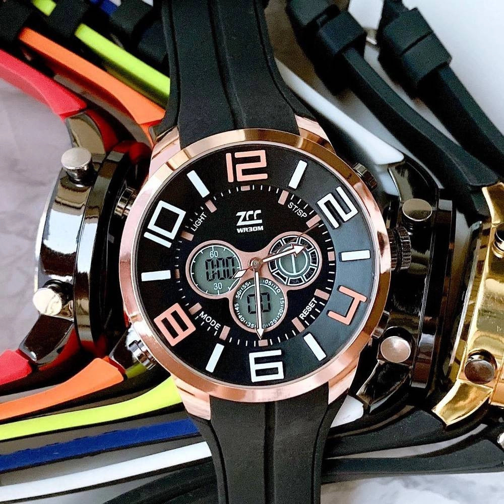 Trade Shop - Orologio Polso Zcc Uomo Dual Time Analogico Digitale Sveglia Sport Rose Gold Nero -