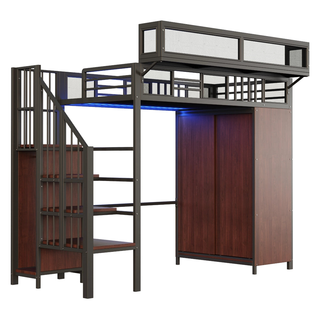 Letto a soppalco in metallo 90x200 cm con armadio; scala e LED; nero