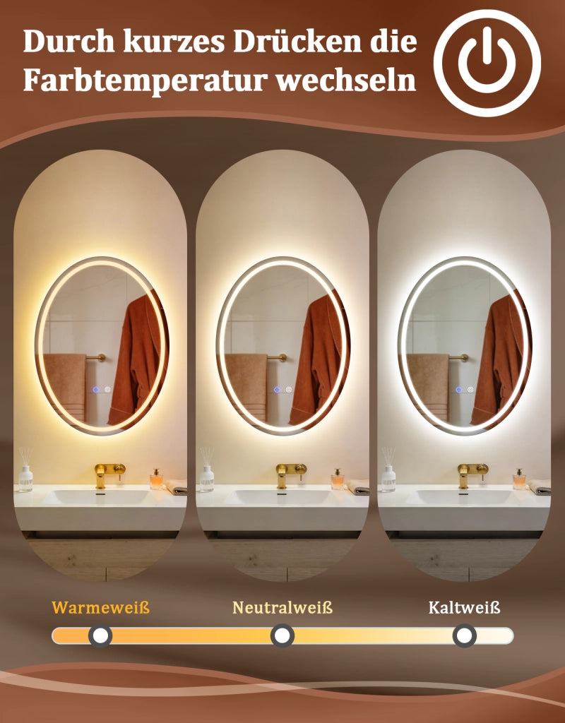 ZMH Specchio da bagno ovale con luce LED 60x80 cm parete IP44 touch antiappannamento dimmerabile 3000K-6500K