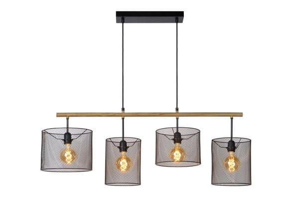 Lucide Baskett lampadario 4 luci E27 nero/legno regolabile