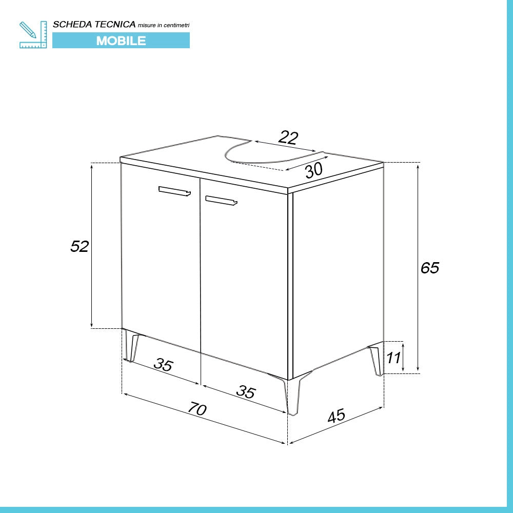 Mobile sotto lavabo universale 70 cm rovere dolomite con 2 ante Desya