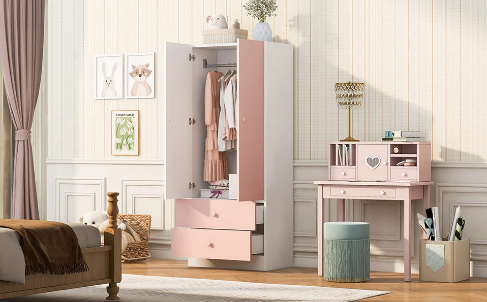 Armadio ULEVR 70x40x170 cm con appendiabiti e 2 cassetti, rosa e bianco