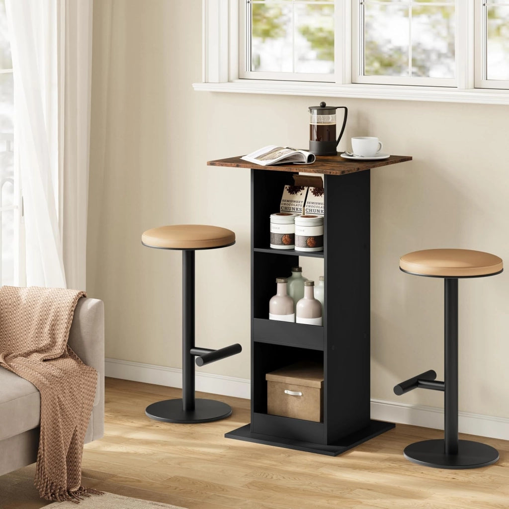 Tavolo da Bar Quadrato, Tavolino Alto e Stretto con 3 Ripiani, Tavolo Alto da Cucina, Sala da Pranzo, Bistrot, in Truciolare, 60x60x109 cm, Marrone Rustico+Nero