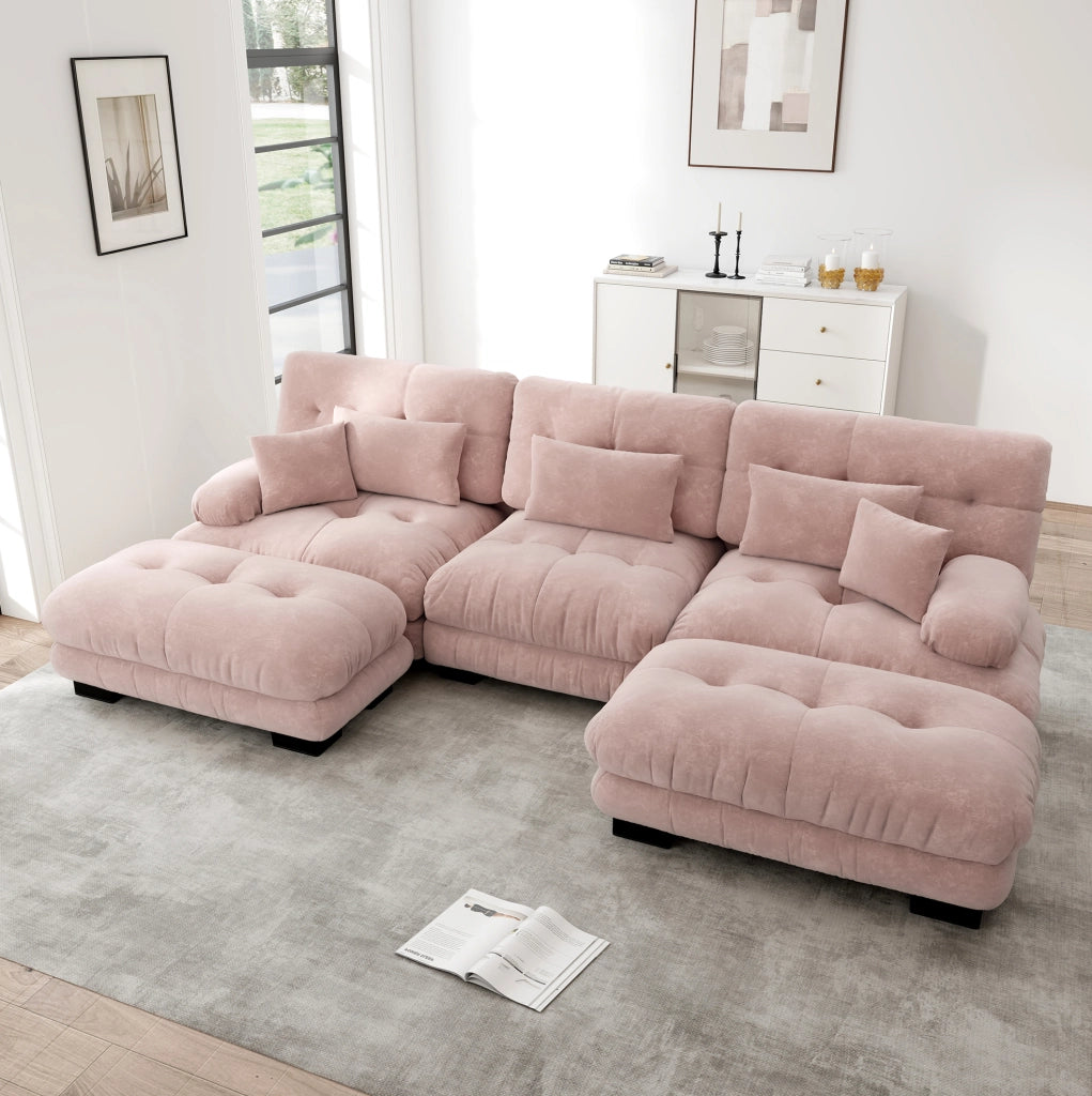Divano modulare con ottomane mobili in ciniglia rosa