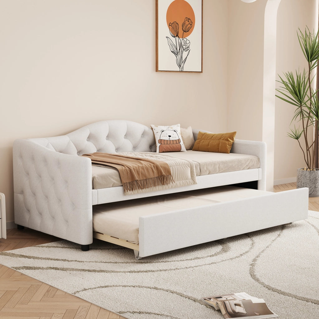 Divano letto allungabile di 90x200 cm colore beige rivestito in lino