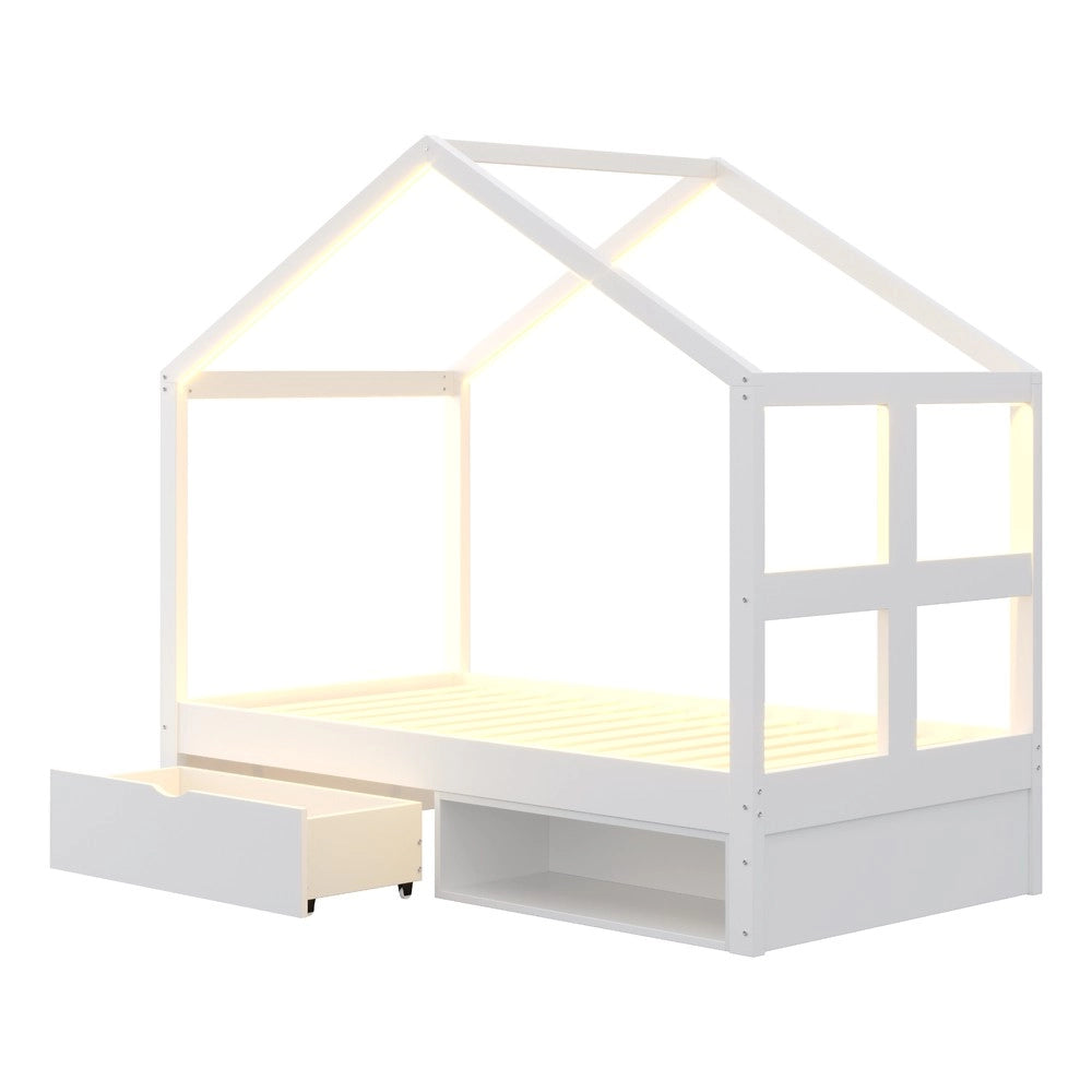 Letto Singolo in Legno con Cassetti e LED ¨C Xylo ¨C Bianco 90x190