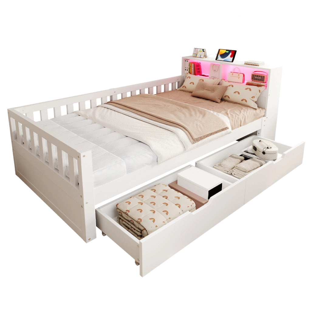Letto in legno multifunzione con cassetti, LED e USB, 90x200 cm, bianco