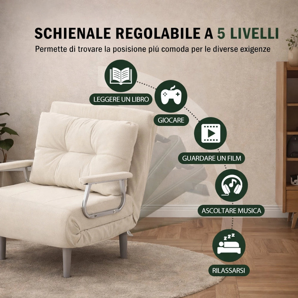 Poltrona Letto Reclinabile Chaise Lounge con Seduta Imbottita Convertibile in Velluto a Coste Beige