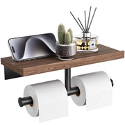 Supporto per carta igienica doppio a muro con pannello di legno, supporto per carta igienica in legno, supporto per carta igienica in acciaio inossidabile grigio scuro (noce, acciaio inossidabile SUS304, grigio scuro a due toni)