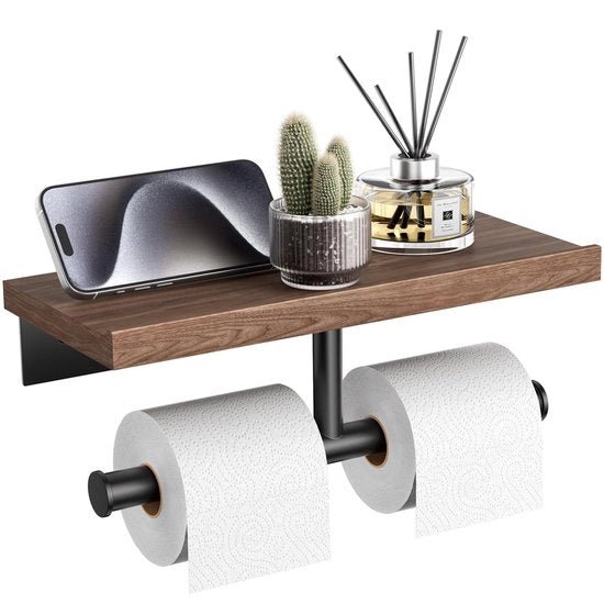Supporto per carta igienica doppio a muro con pannello di legno, supporto per carta igienica in legno, supporto per carta igienica in acciaio inossidabile grigio scuro (noce, acciaio inossidabile SUS304, grigio scuro a due toni)