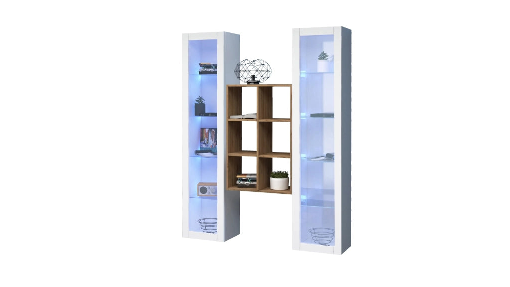 Parete attrezzata soggiorno 2 vetrine bianche libreria in legno Kesia WH