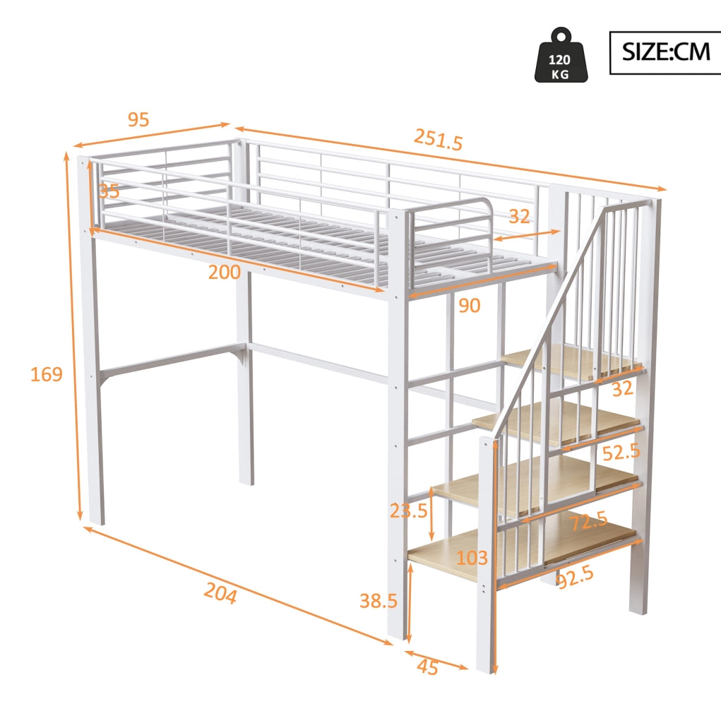 Letto a soppalco 90x200 cm in metallo bianco con scala