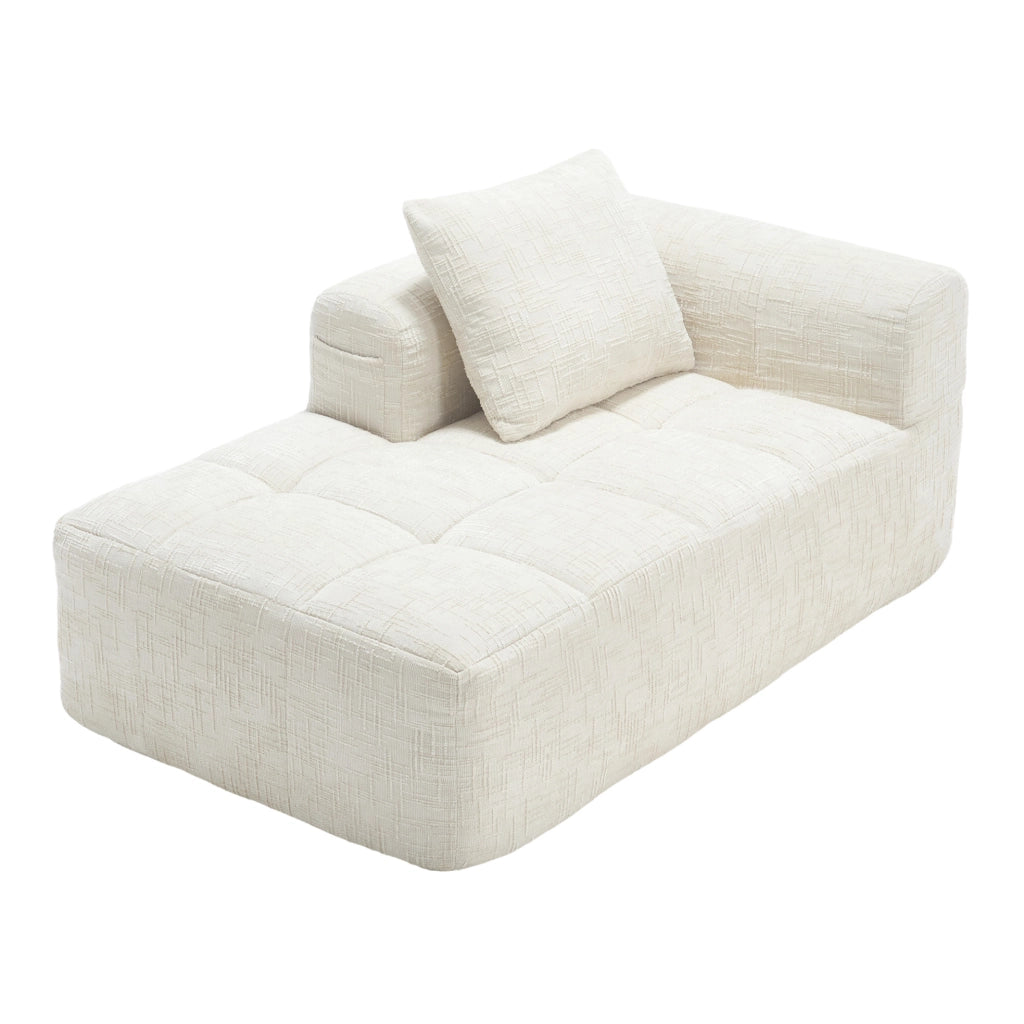 Divano chaise longue in ciniglia beige con tasche laterali e cuscino