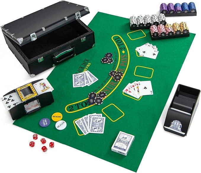 Set di Fiches da Poker con 300/600 Fiches, 2/6 Mazzi di Carte 5 Dadi Mescolatore Automatico di Carte e Tappeto, Scatola Portatile, Poker Chips per Party Viaggi e Feste (300 PCS)