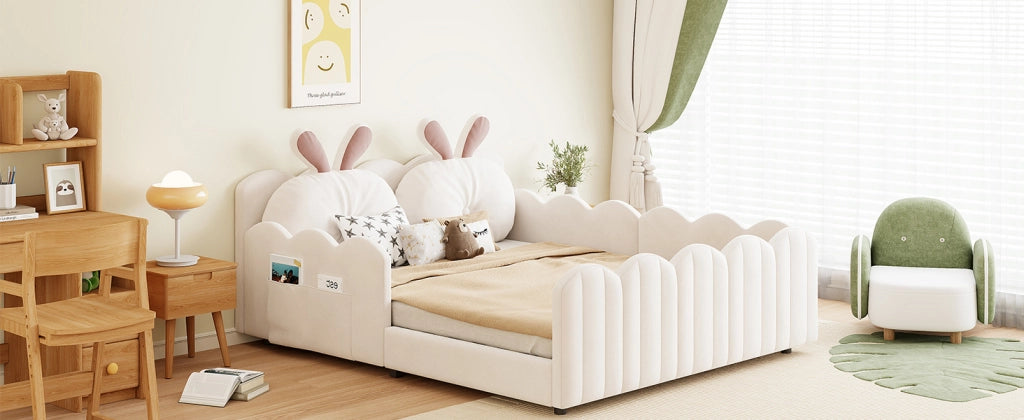 Letto imbottito con cuscino a coniglio, 140x200 cm, beige