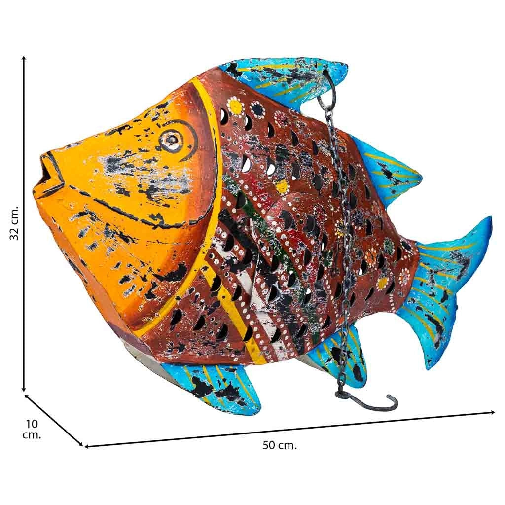 Portacandele pesce in metallo invecchiato 50x10x32