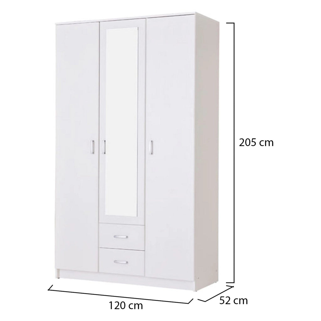 Armadio Camera da Letto Crati, Guardaroba 3 Ante 4 Ripiani, 120x52 cm Bianco