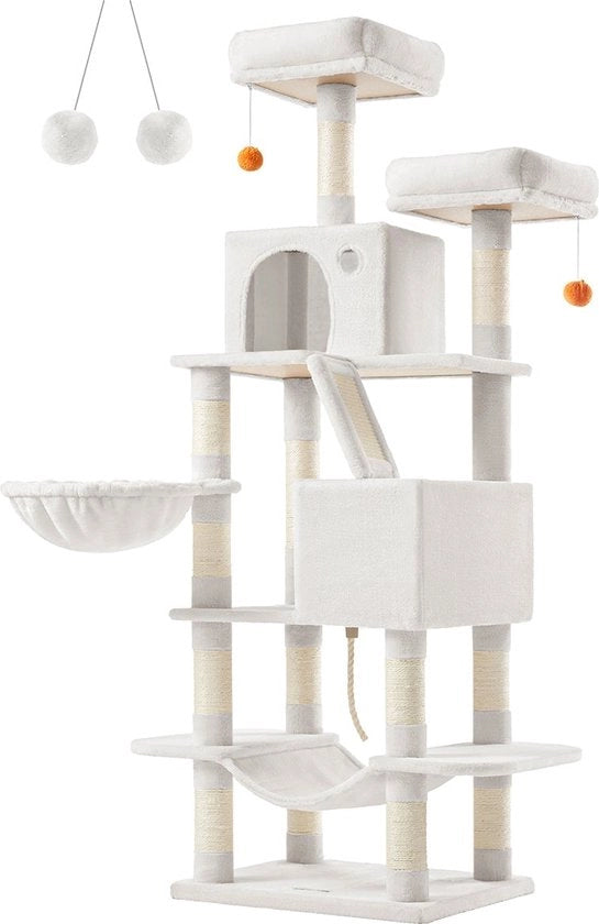 Catena di supporto per gatti - Catena di supporto per gatti - Torre per gatti - Lame di legno - Piuma - Sisal - 55cm x 45cm x 168cm - Bianco crema - 18,4kg - Massima carico 65kg
